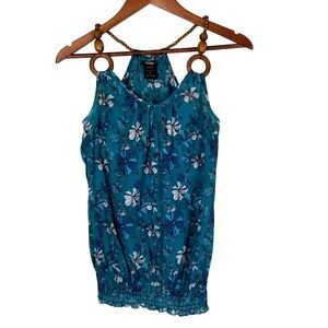 Vanity Teal Floral Smocked Hem Tank Top Womens Size S Vacation Cruise Resortwear